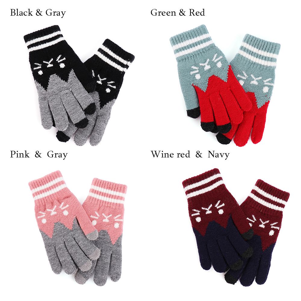 Đôi găng tay vải len dệt kim MIHAN1 giữ ấm họa tiết cô mèo dễ thương chạm được màn hình cảm ứng