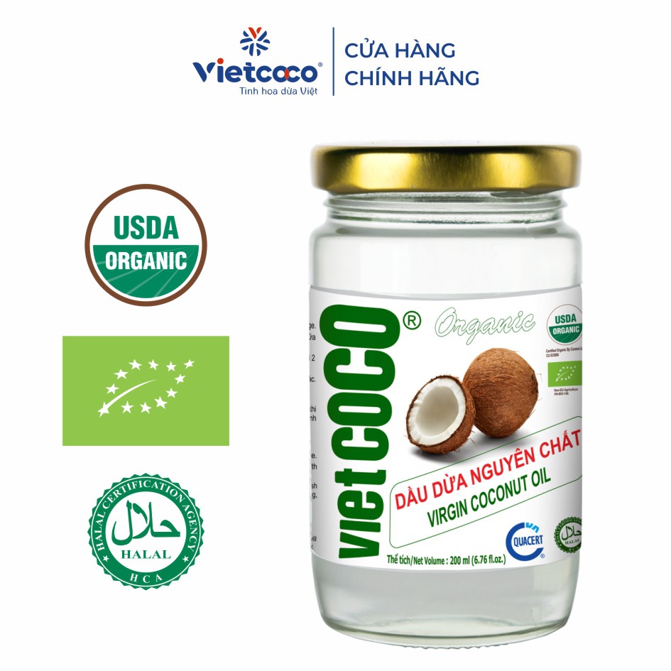 Dầu dừa nguyên chất Organic Vietcoco 200ml keo thủy tinh ( cao)