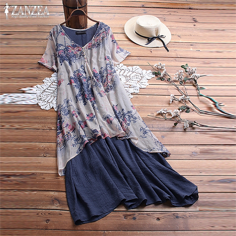 Đầm ZANZEA Tay Ngắn In Họa Tiết Hoa Phong Cách Vintage Cho Nữ | BigBuy360 - bigbuy360.vn