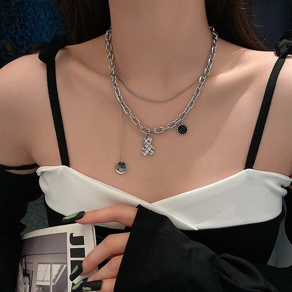 AROMA Vòng Cổ Choker Hai Lớp Mặt Kim Loại Hình Gấu Đơn Giản Phong Cách Hip Hop Cho Nữ