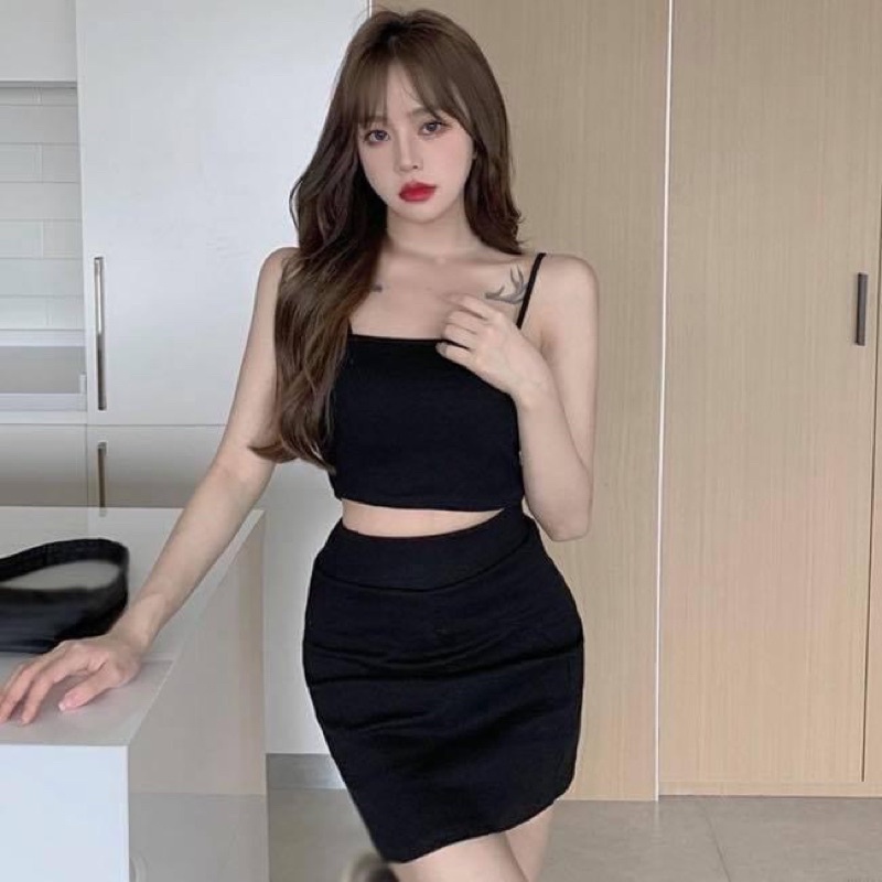 Set rời áo hai dây Croptop kiểu ngắn và chân váy ngắn ôm sát body trơn - Order taobao quảng châu