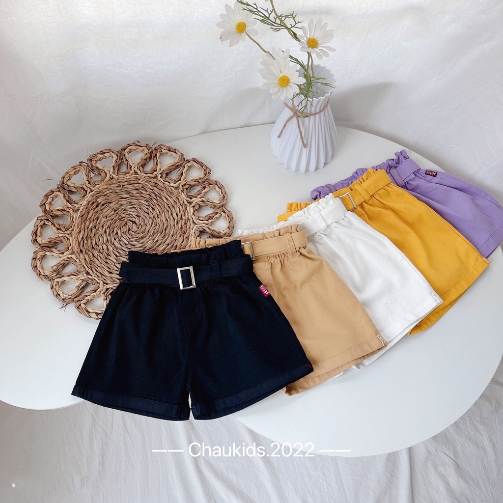 Quần đùi bé gái, quần đùi kaki cạp cao kèm đai cho bé size 13- 26kg