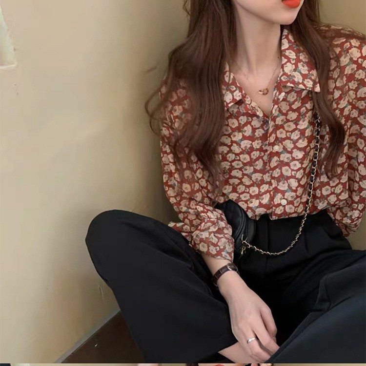 Áo sơ mi voan tay dài thời họa tiết hoa trang xuân hè  cho nữ