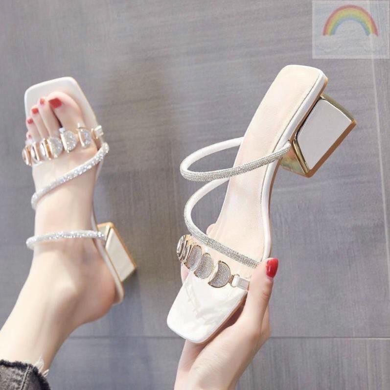 Guốc cao gót vuông màu 5p quai trong kết khóa nhủ kim tuyến bạc chéo hông xoàn G02