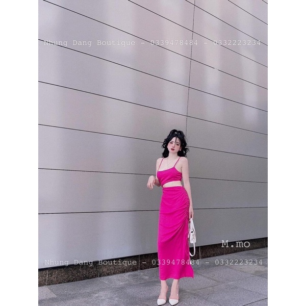 Đầm 2 dây khoét eo nhúng một bên