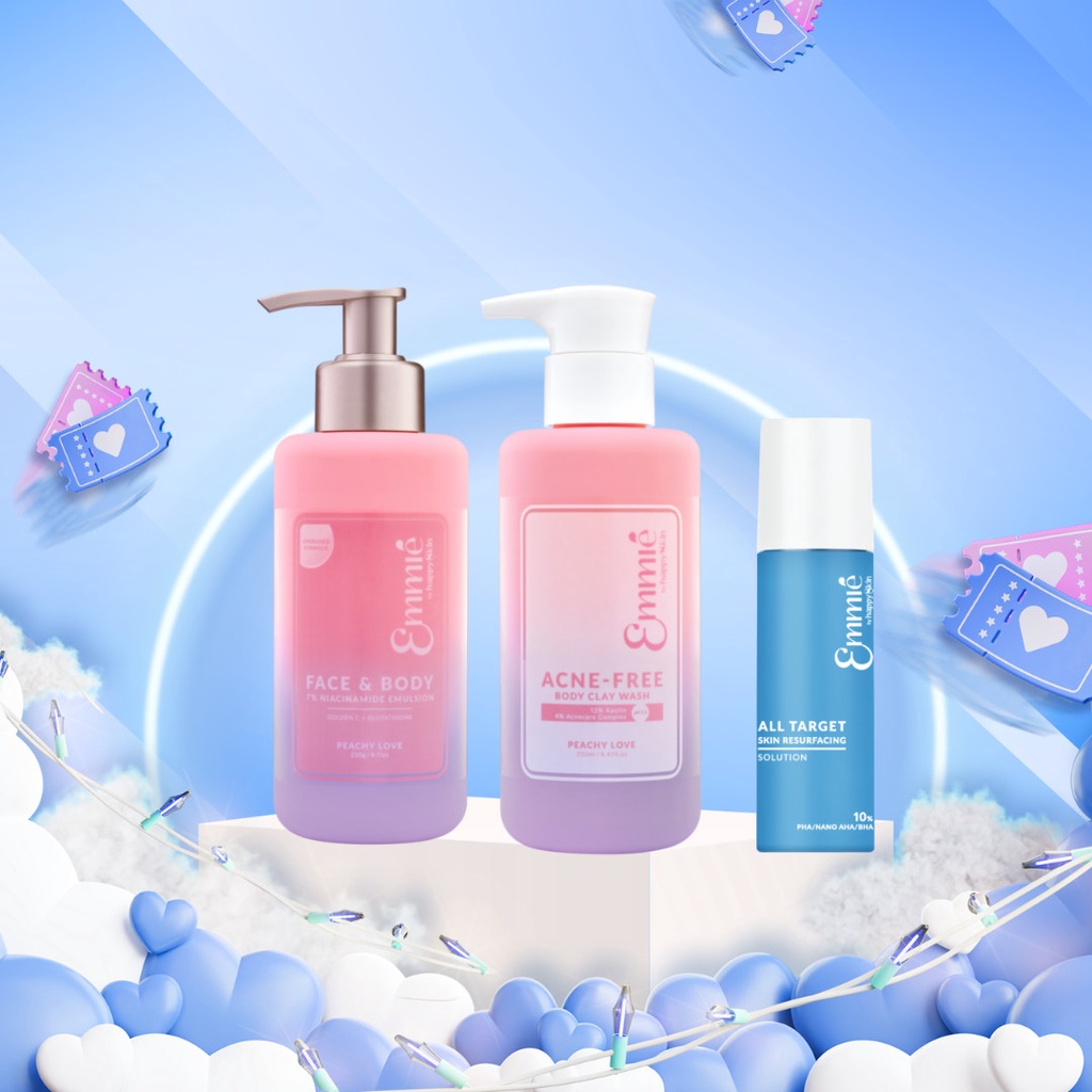 Combo: Sữa tắm đất sét + Face &amp; Body 7% Niacinamide + Toner 10% PHA/NANO AHA/BHA 50ml Emmié by HappySkin