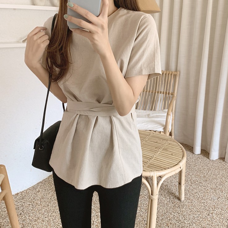 Áo Thun Nữ Ngắn Tay Cổ Tròn Buộc Dây Kiểu Mới 43592