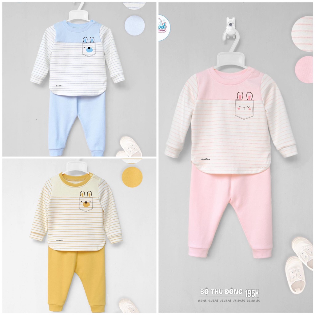 [Chính Hãng] Bộ dài tay cài vai cotton gấu kẻ bo gấu trẻ em Good Mama