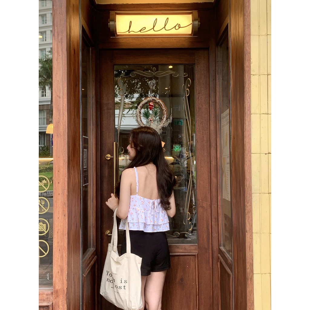 𝐁𝐄𝐑𝐘 𝐓𝐎𝐏 - Áo 2 dây tầng hoa nhí màu tím hoa cam cực xinh | Jolin.sg