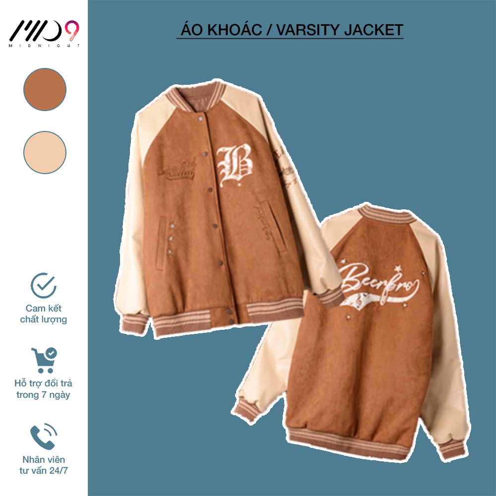 (Ảnh thật) Áo khoác Varsity Jacket MID9 unisex nam nữ Beerbro phối tay da