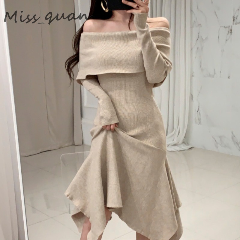Đầm Sweater Tay Dài Phối Bèo Nhún Thiết Kế Độc Đáo Thời Trang Mùa Thu 2021