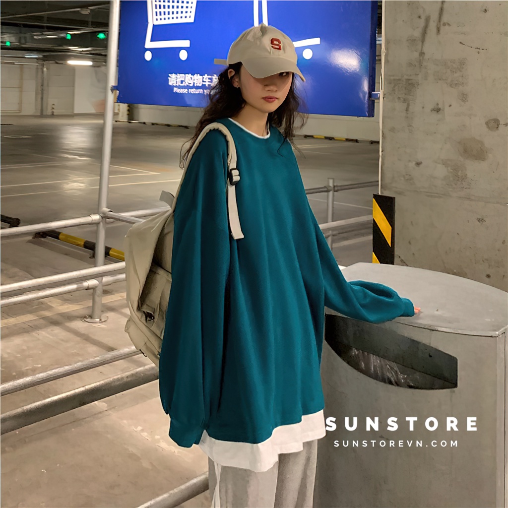 Áo tay dài form rộng oversize unisex kèm lớp lót thun trắng bên trong 2 màu đen và xanh thời trang thu đông Ulzzang