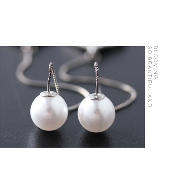 Bông tai S925 dáng dài hình cây quạt kèm hạt châu đi cùng tôn lên sự sang trọng