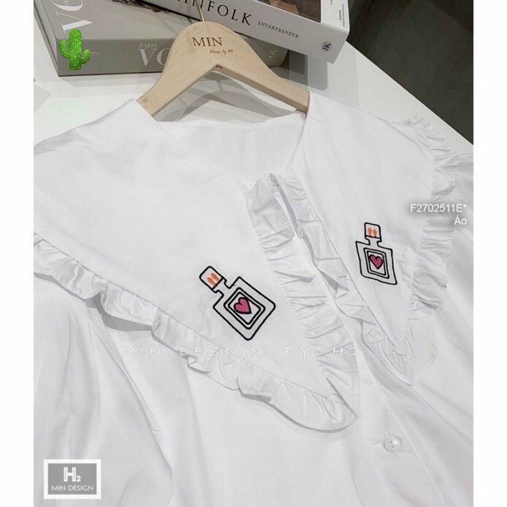 áo sơ mi cổ nhọn bèo thêu chai nước cực xinh xắn chất kate mềm p