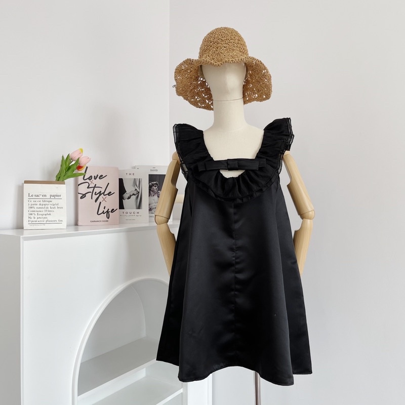ELLY DRESS cổ đính nơ dáng xòe chất phi mềm
