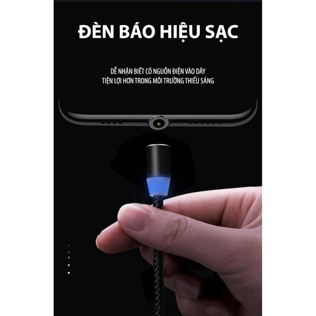 Cáp sạc nhanh nam châm - Cáp sạc từ hút nam châm 3 đầu Android và iPhone và Type-C dây dù có đèn led NC1M