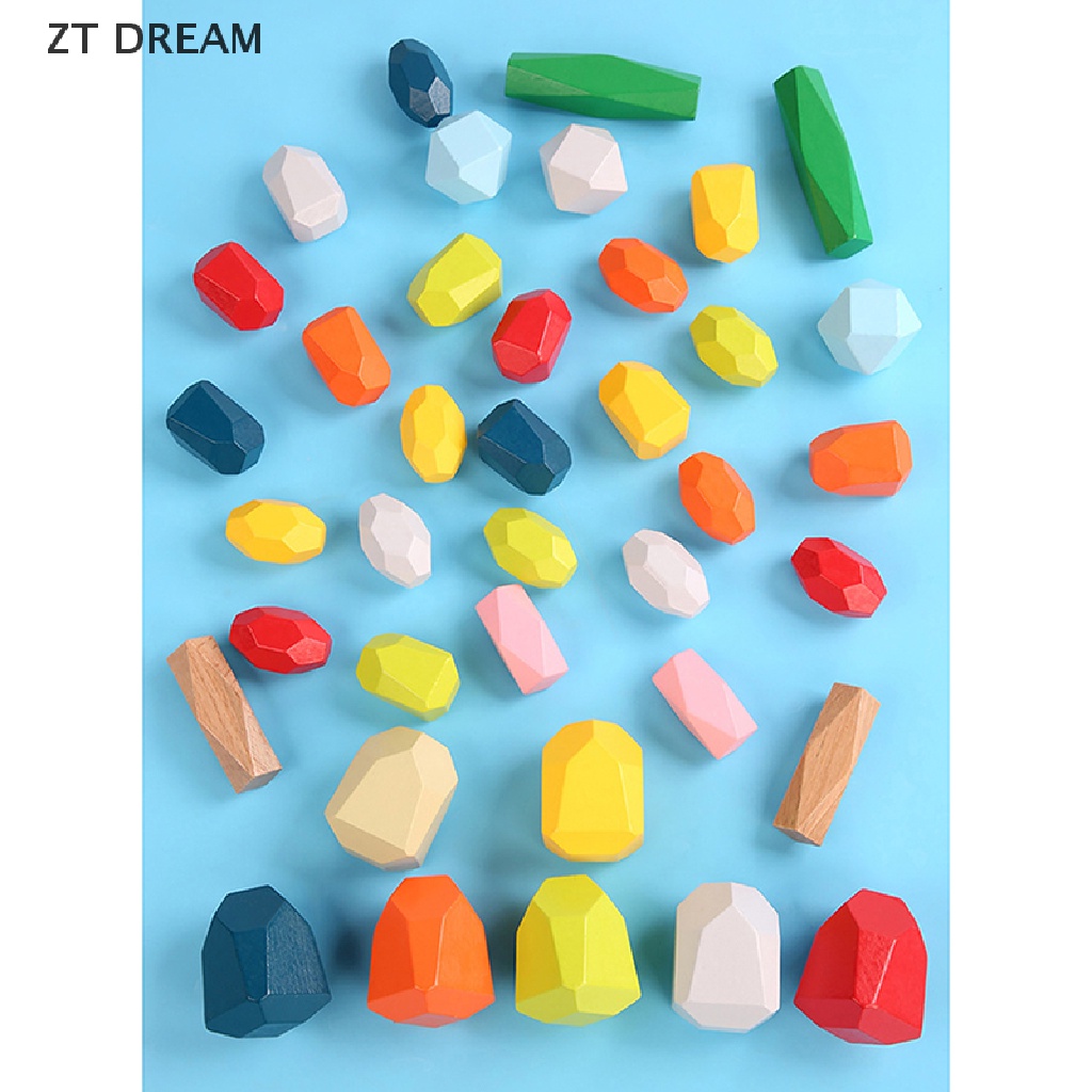 ZTD Gem Building Block Toy Wooden Rainbow Stone Blocks Stacked Balance Children Toys 07