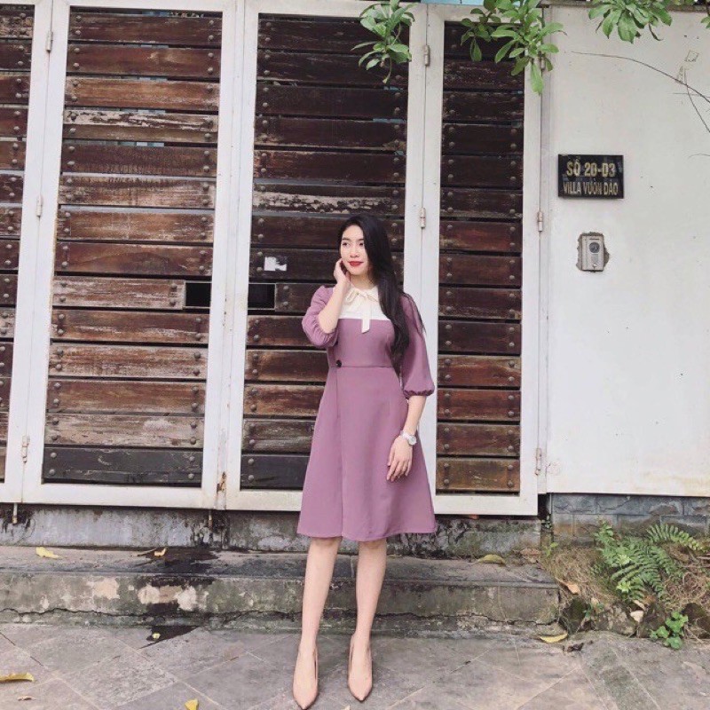 Váy phối dáng xoè - Đầm công sở nữ cổ nơ phối màu Junnie Closet | BigBuy360 - bigbuy360.vn