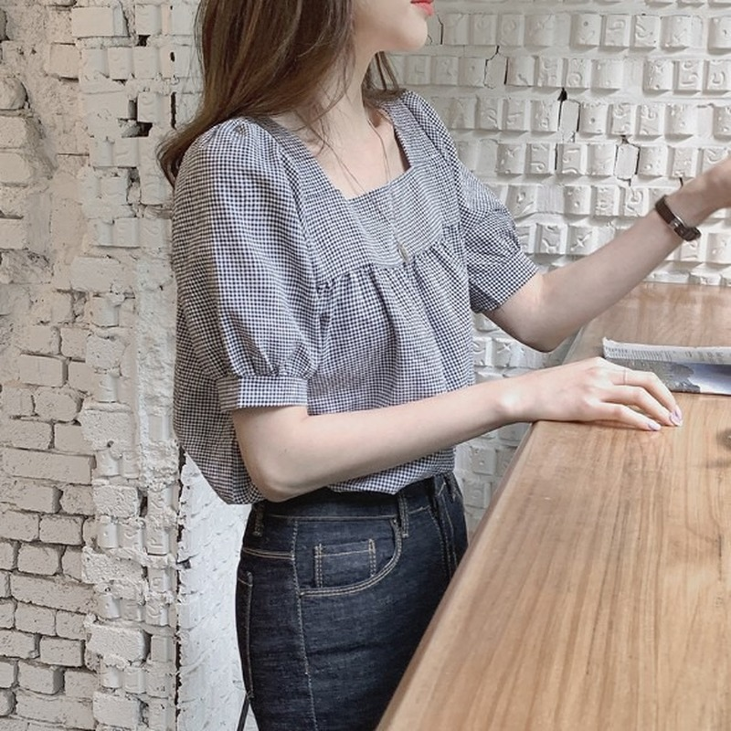 Áo sơ mi cổ vuông ngắn tay kẻ ca rô phong cách Nhật Bản Hàn Quốc ngọt ngào trẻ trung cho nữ | BigBuy360 - bigbuy360.vn