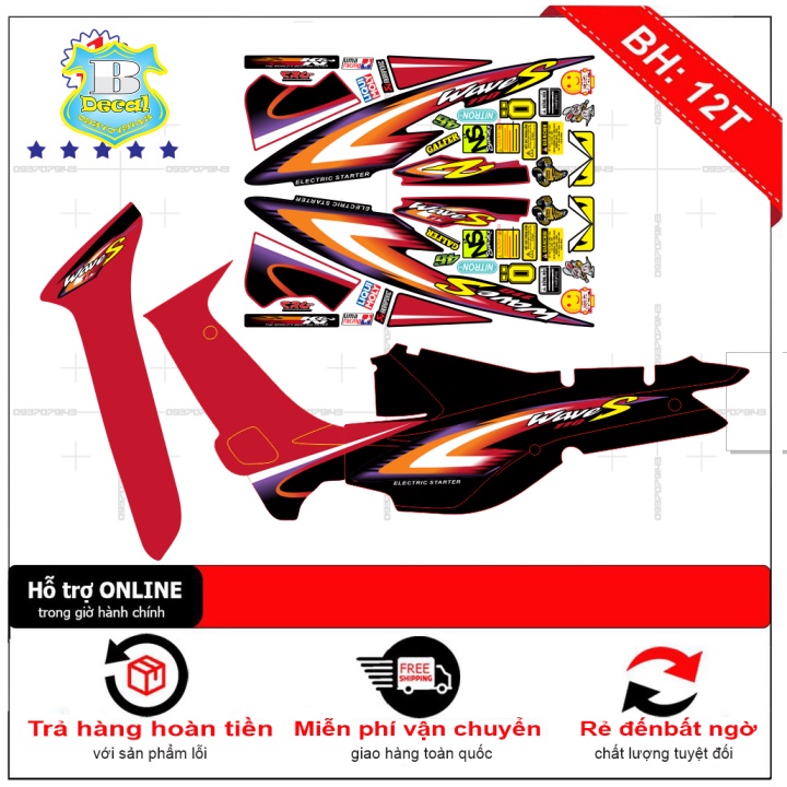 ( Quí khách vui lòng mang ra tiệm cho thợ dán ) Tem wave nhỏ đời đầu S110 đỏ đen