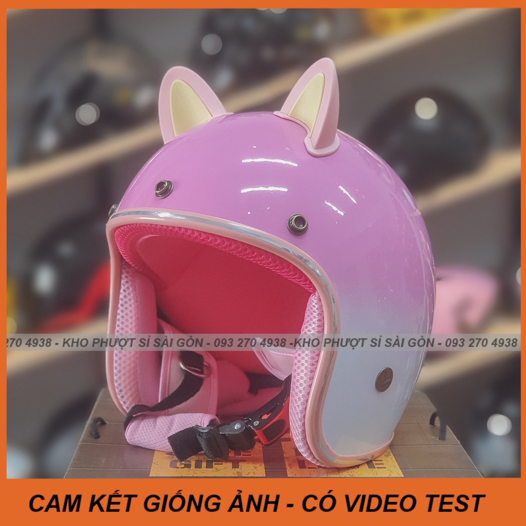 CÓ VIDEO Mũ bảo hiểm 3/4 đi phượt kèm tai mèo nhựa gắn nón màu hồng pha trắng kèm tai mèo kèm keo