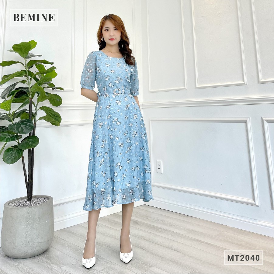 Đầm thanh lịch tay phồng khoen eo BEMINE MT2040XANH | BigBuy360 - bigbuy360.vn