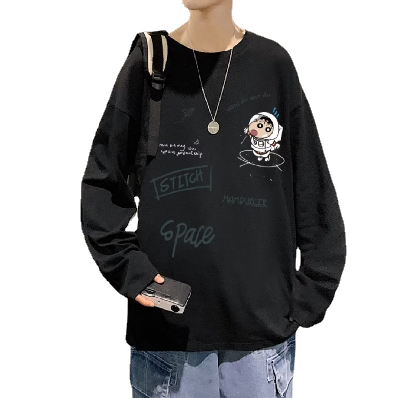 Áo Thun Tay Dài Cổ Tròn Dáng Rộng In Họa Tiết Hoạt Hình Phong Cách Hip Hop Hàn Quốc Thời Trang Cho Nam Size M-5XL