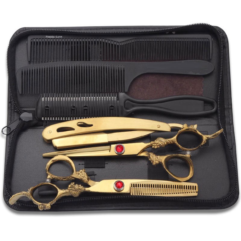 6.0 inch Kéo Chuốt Tóc Nhật Cao Cấp Tay cầm rồng vàng + Bộ Dao cạo râu