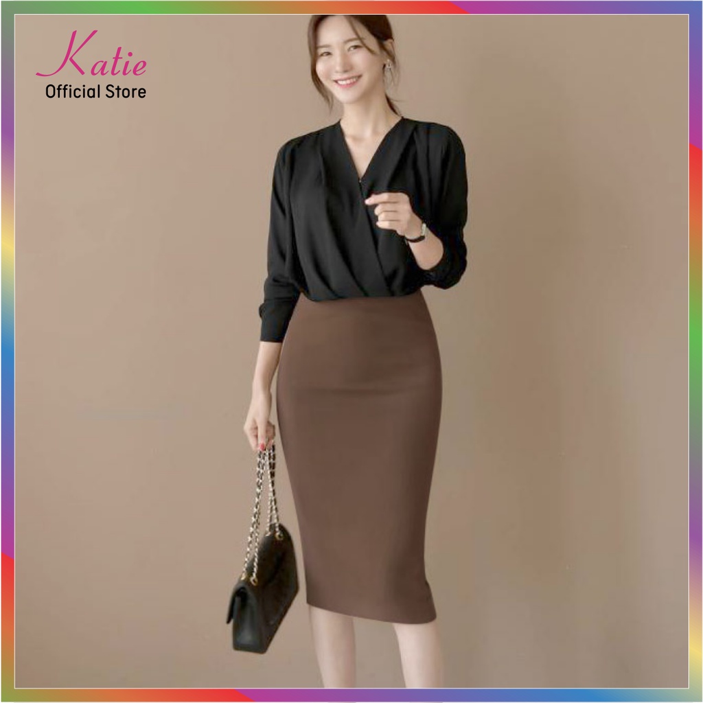 Chân Váy Ôm Bút Chì Qua Gối Màu Nâu Tây Katie Váy Công Sở Thun Hàn Co Giãn 4 Chiều, Size 40-80kg Cv802