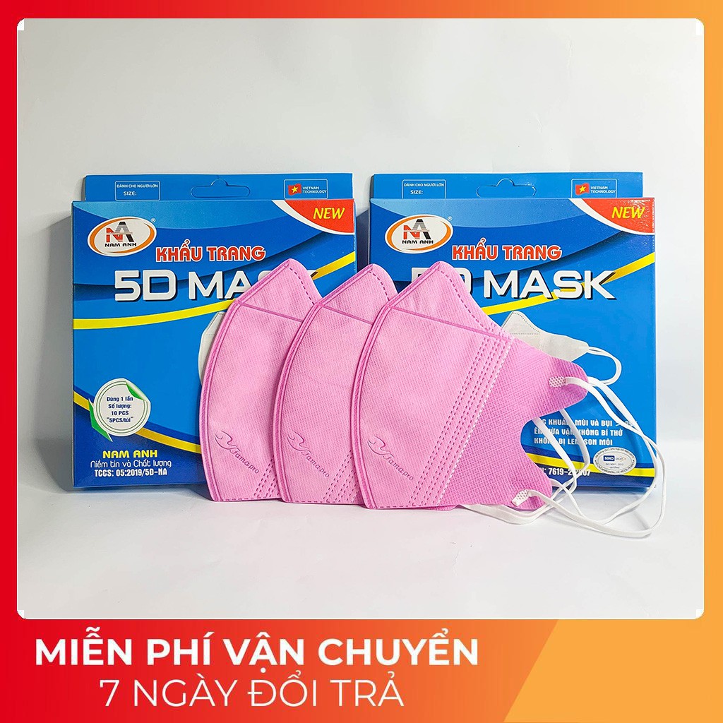 Khẩu trang 5D MASK NAM ANH, khẩu trang y tế màu hồng, hộp 10 chiếc, dày 3 lớp , quai thun# qmc