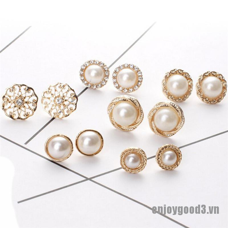 <enjoy3> 6 Pairs Elegant Crystal Rhinestone Diamond Pearl Sign Ears Tiny Studs Earrings