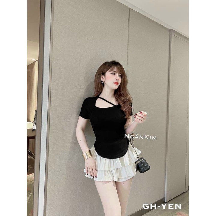 Áo Thun Gân Hàn Quốc Cổ Vuông Sâu Có Dây Chéo Ngực Ngắn Tay Sành Điệu TTKXA0411