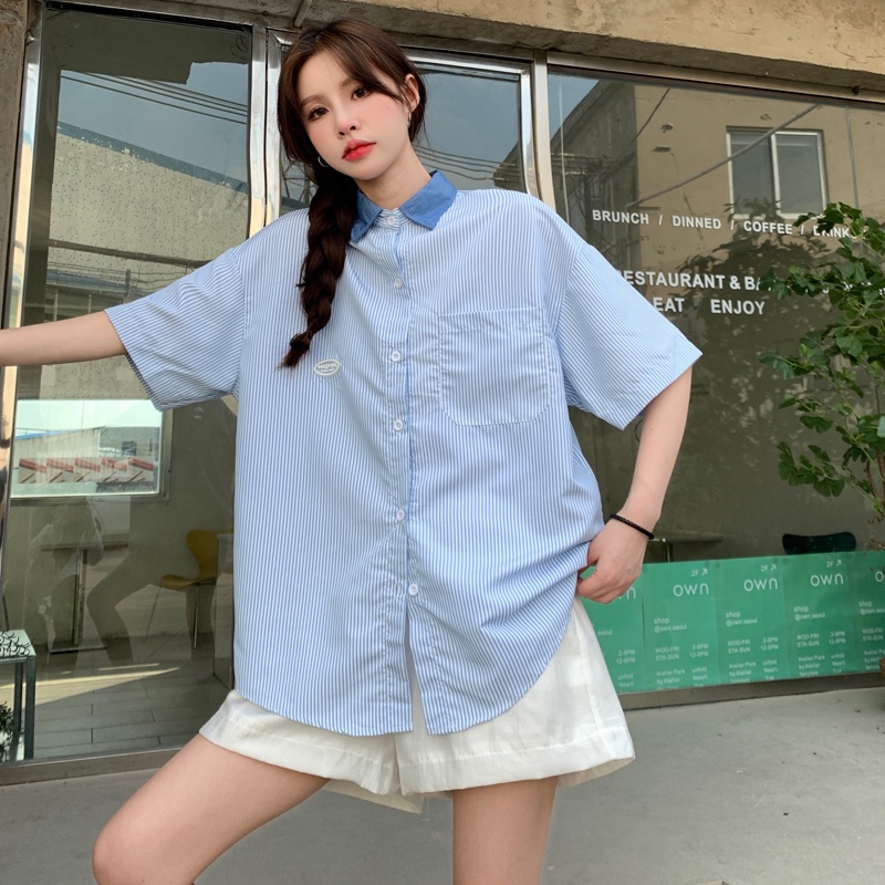 Áo sơ mi polo SUXI dáng rộng tay lửng họa tiết kẻ sọc màu xanh dương đơn giản thời trang mùa hè cho nữ