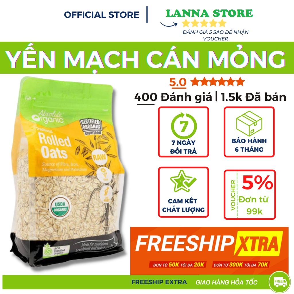 Yến Mạch Tươi Úc Absolute Organic Túi 700gr Đặc Biệt - Dùng Giảm Cân/ Cho bé ăn dặm/ làm đẹp da