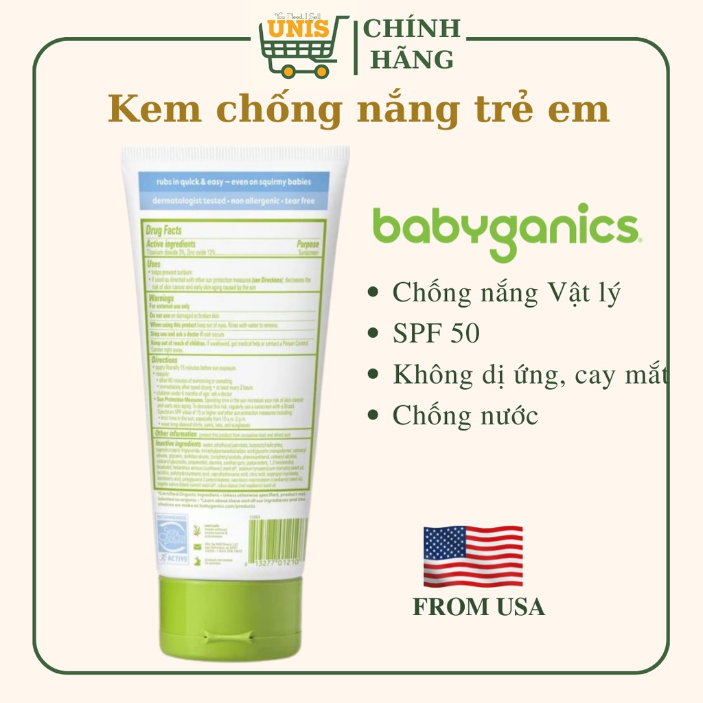 Kem Chống Nắng Vật Lý mặt và body BABYGANICS cho trẻ em từ 6 tháng tuổi