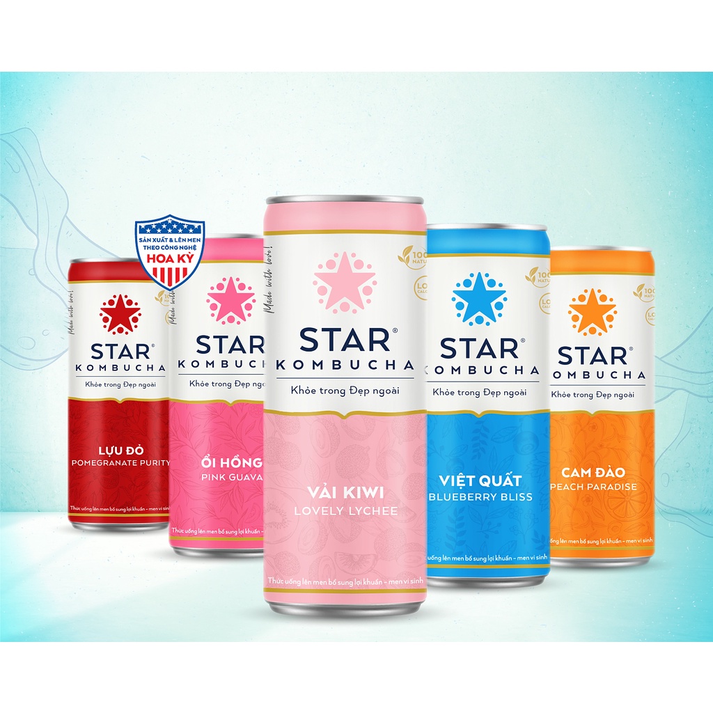 Combo 6 lon trà STAR KOMBUCHA mix vị - Trà lên men vi sinh chứa probiotics bảo vệ sức khoẻ