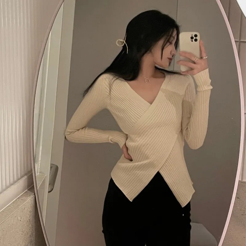 Áo len ZHELIHANGFEI kiểu Hàn Quốc trễ vai ulzzang vạt chéo dài tay cho nữ