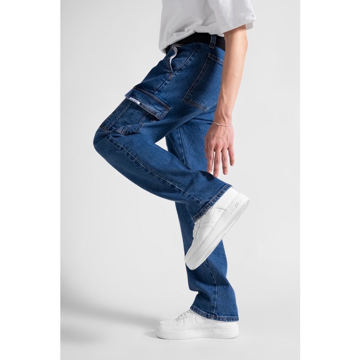 OWL BRAND ® CARGO RELAX JEANS - Quần jeans nam, dài túi hộp ống rộng / Xanh đậm - OWL111021