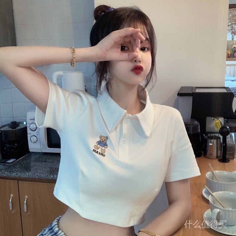 Women's 2021 spring and summer short sleeve bear t-shirts new wild thin white short high waist polo shirt