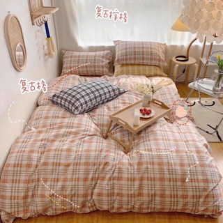 Bộ chăn ga gối poly nhập mẫu kẻ cam hàn quốc