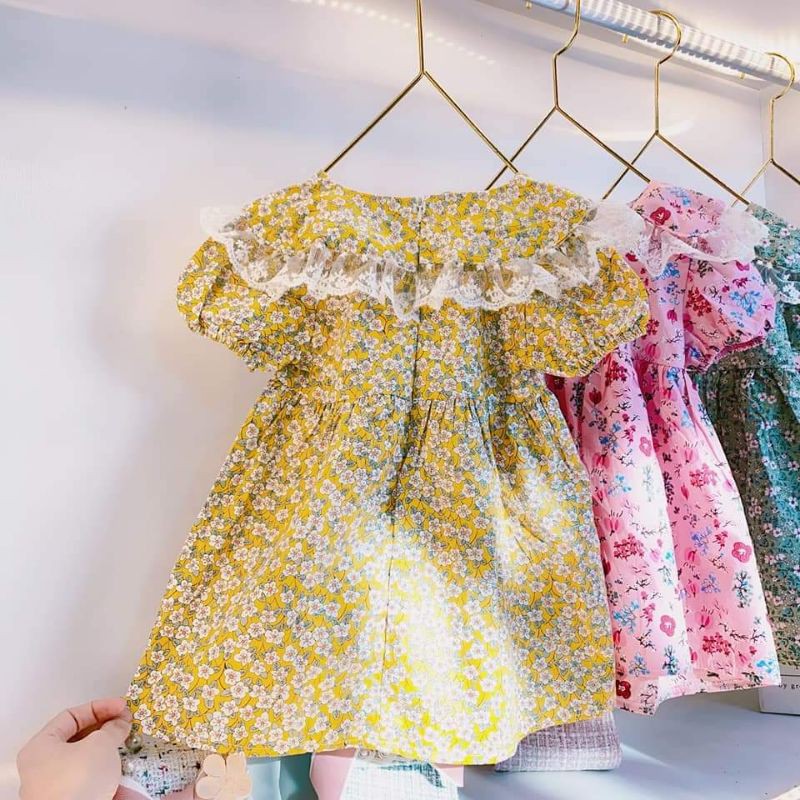 Váy Hoa Nhí Đính Ren Cho Bé Gái - Chất Thô Mềm, Mát.