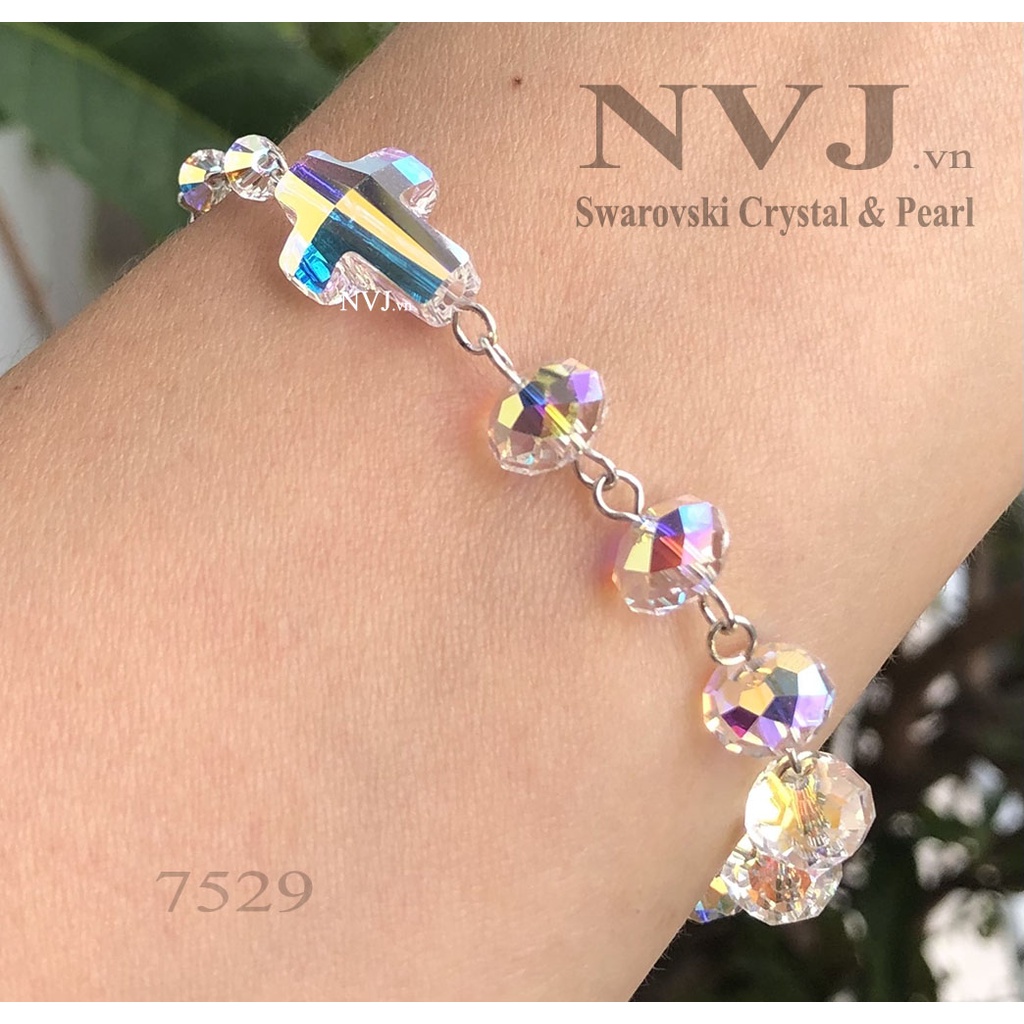 Chuỗi mân côi pha lê Áo Swarovski, hạt bánh cam 6,8ly 5040 001AB, khóa xích bạc 925, chiều dài tùy chọn