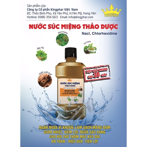 NƯỚC SÚC MIỆNG THẢO DƯỢC Kingphar - Chai 500ml-  hỗ trợ tiêu diệt các loại vi khuẩn, virus, vi nấm phát triển.
