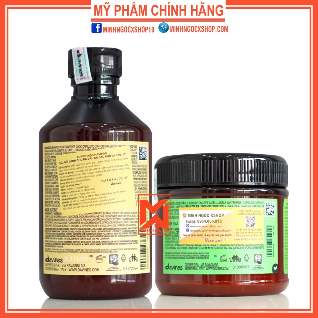 Dầu gội chống gàu DAVINES PURIFYING và xả trường thọ DAVINES RENEWING 250ml chính hãng