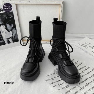 [Hàng Sẵn] [Ảnh Thật] [Freeship] Giày Bốt Nữ Cổ Vừa Phối Thun Nữ Tính - CV09