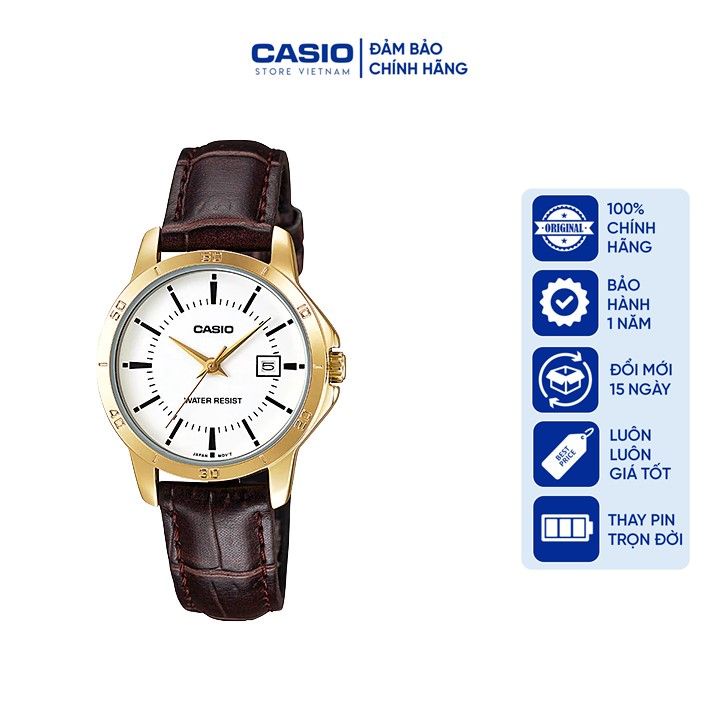 Đồng hồ Nữ Casio LTP-V004GL-7AUDF, đồng hồ chính hãng, dây da nâu mặt trắng viền vàng