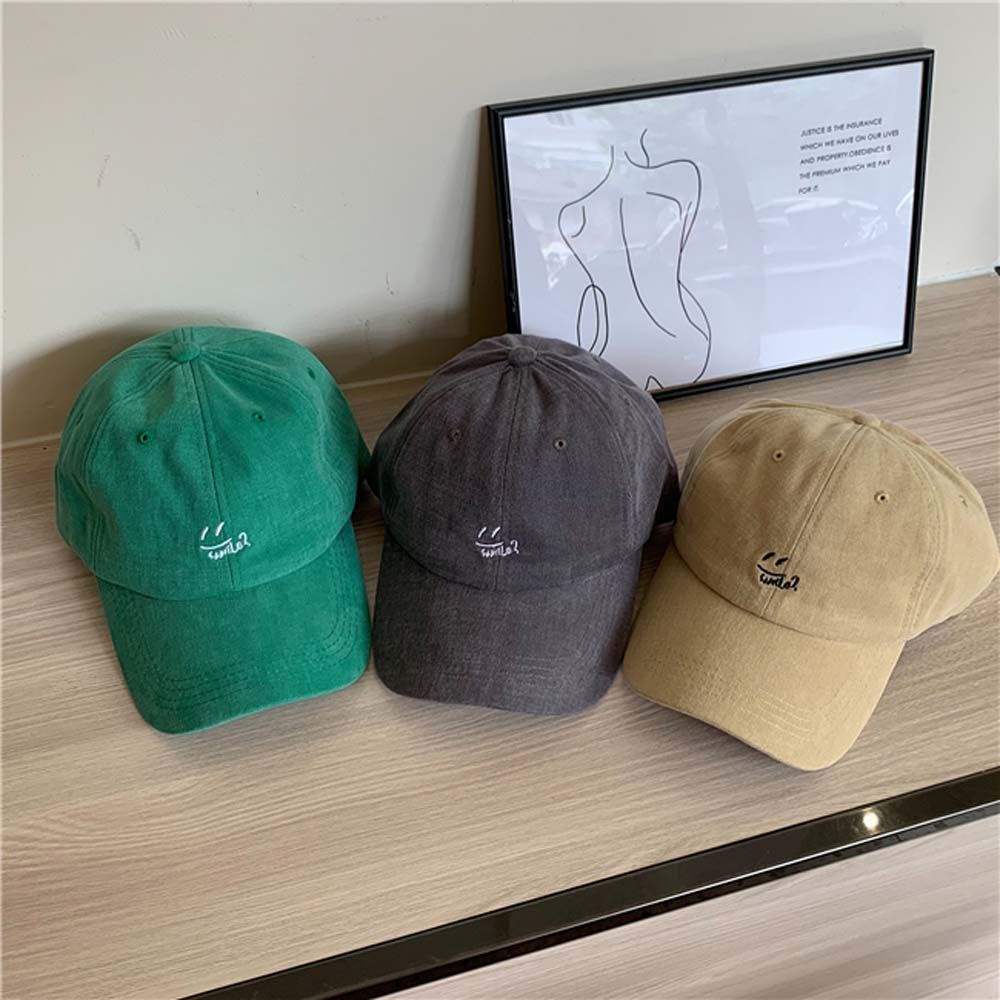 Mũ lưỡi trai mềm màu xanh lục hình mặt cười đơn giản thời trang Hàn Quốc