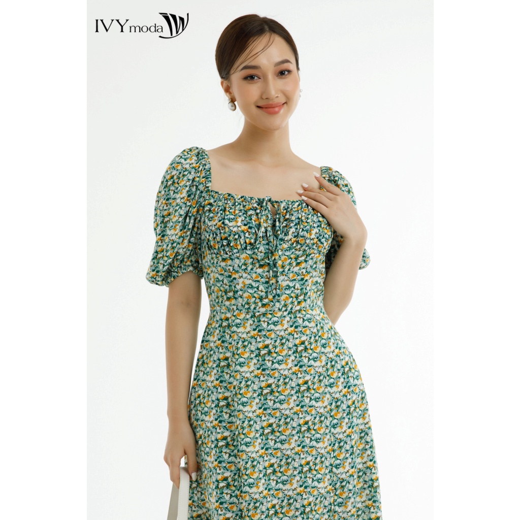 Đầm hoa nhún ngực xẻ tà trước IVY moda MS 48T0192