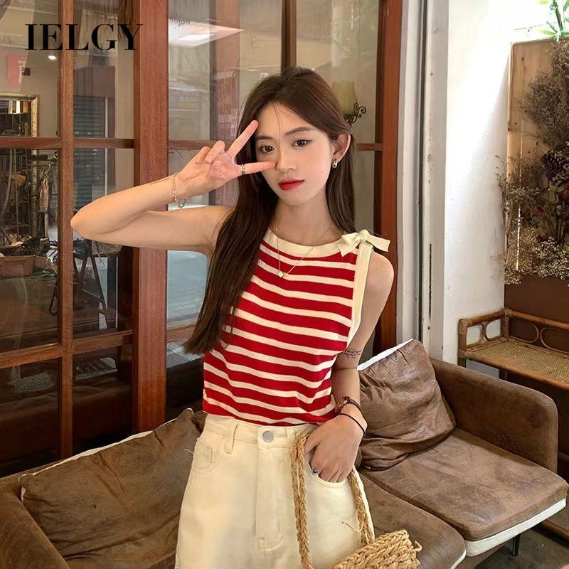 Áo Dệt Kim Dáng Rộng Họa Tiết Kẻ Sọc Thắt Nơ Xinh Xắn Cho Nữ