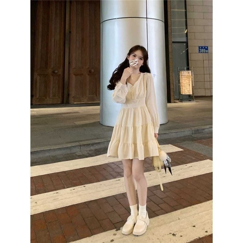 Đầm Tay Dài Cổ Chữ V Nhấn Eo Phong Cách Retro Kiểu Pháp Thời Trang Thu Đông Mới Cho Nữ